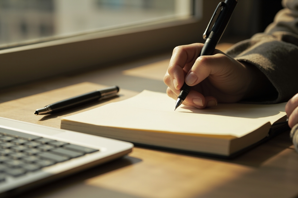 Hand writing notes beside an open laptop